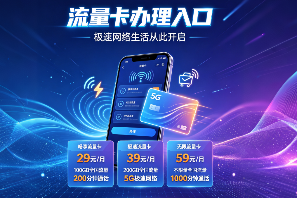 流量卡套餐实拍展示图，包含多种流量卡实物与包装